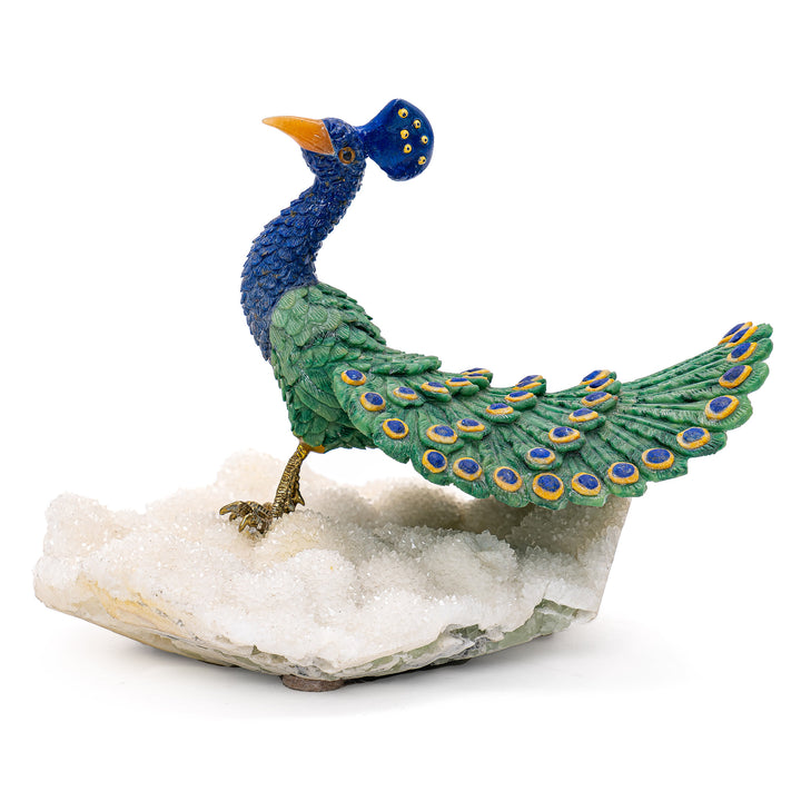 Visionary peacock crafted from lapis and tiger eye stones.