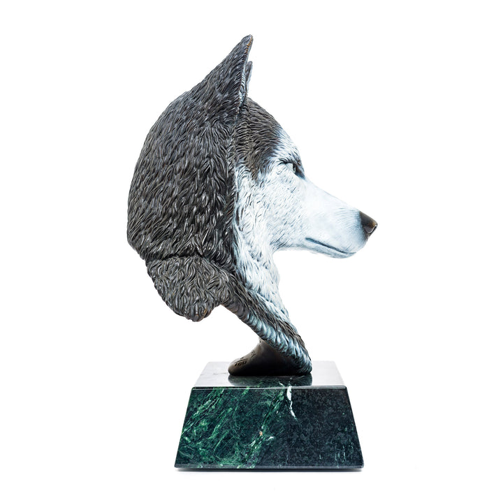 Detailed fine art bronze sculpture of wolf head