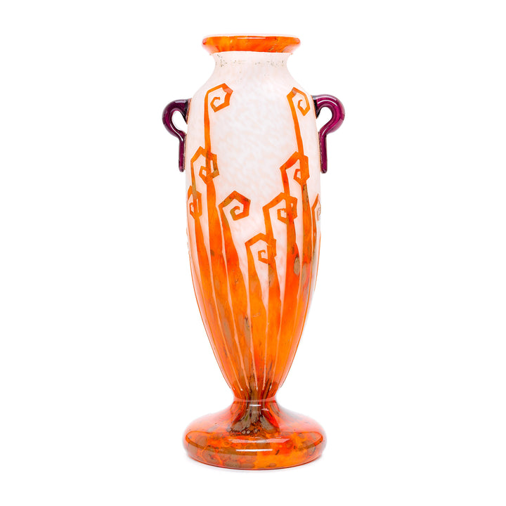 Le Verre Orange Deco vase with purple handles, circa 1928.