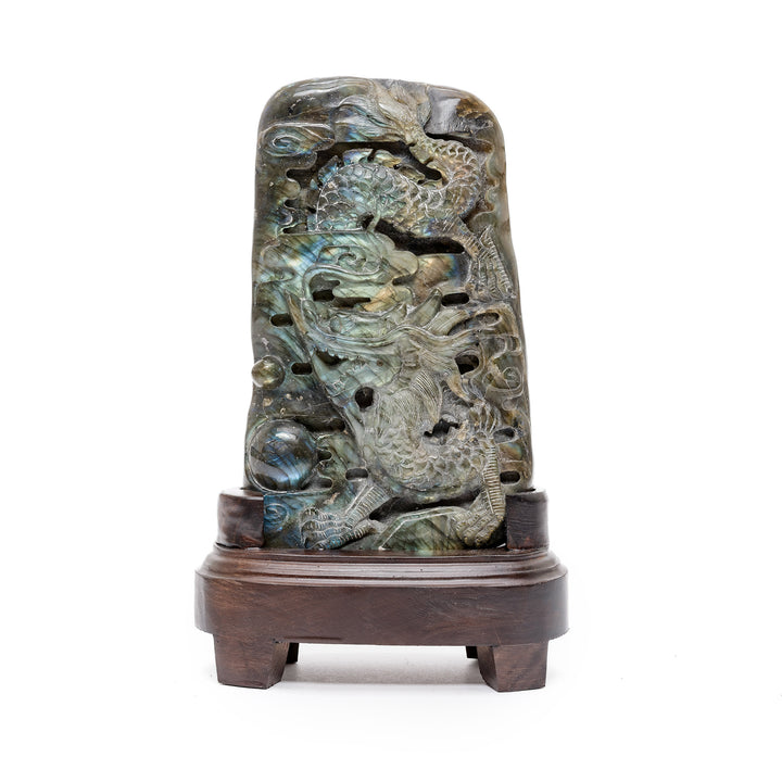 Vertical labradorite dragon plaque with pearl