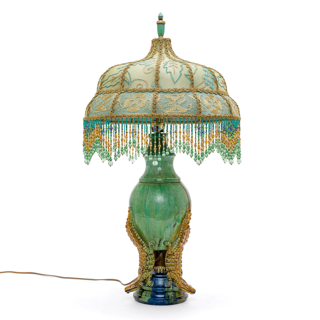 Antique hand-embroidered bronze lamp with bead fringes, circa 1890-1920s.