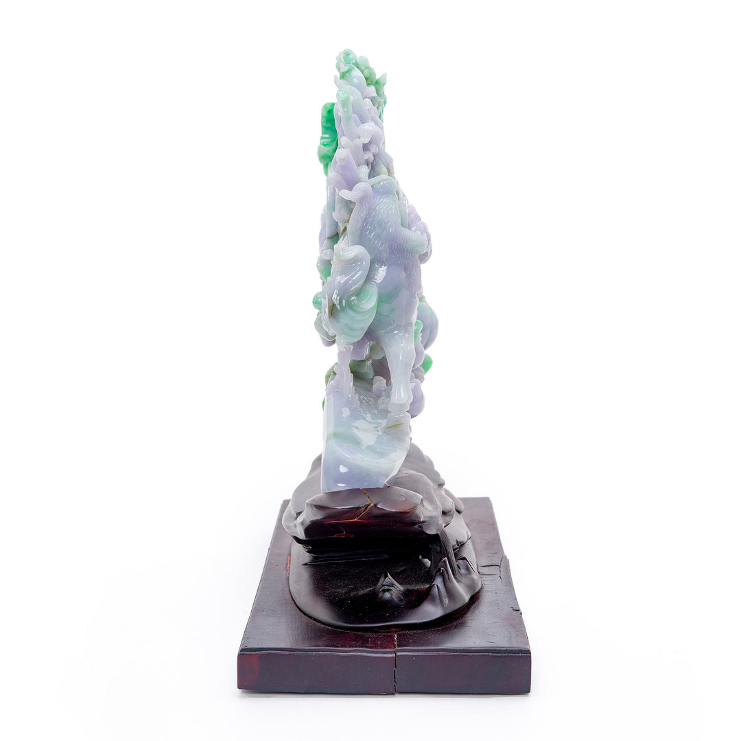 Vibrant apple green and lavender jade stallion, a cultural artwork on wooden base