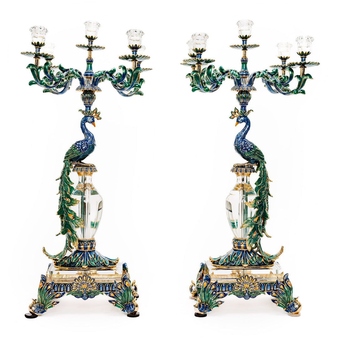 Luxury peacock motif crystal candelabra with enameled bronze.