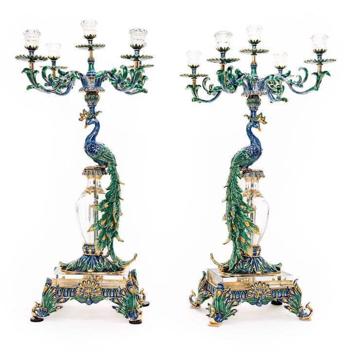 Ornate enameled bronze candelabra with intricate peacock design.