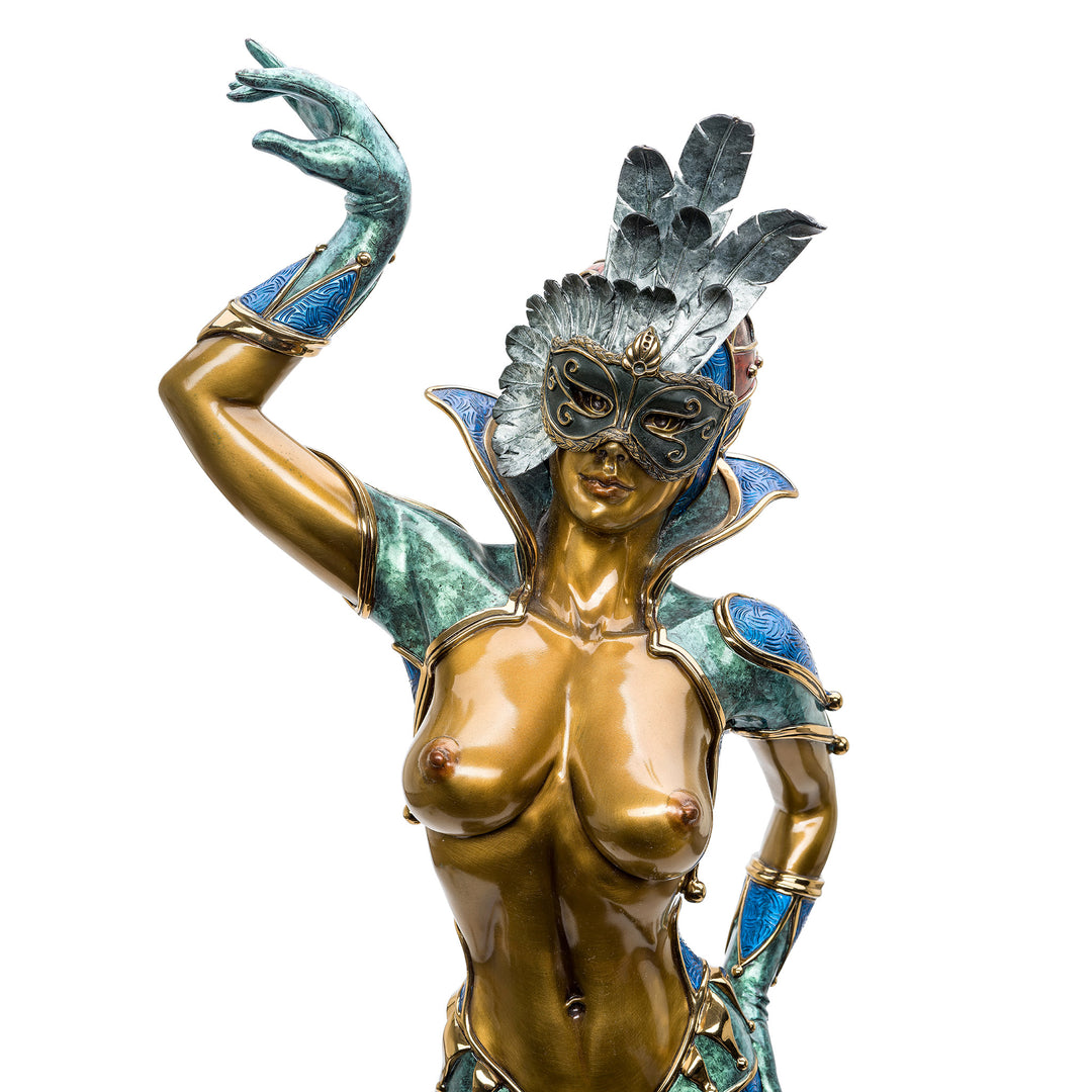 Festive bronze statue capturing the spirit of carnival, signed and numbered