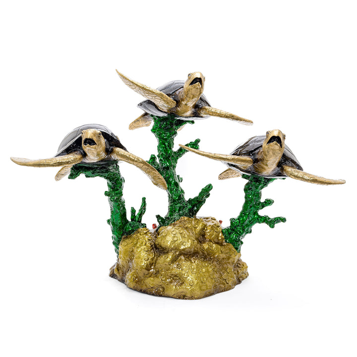 Trio of bronze turtles fountain sculpture.