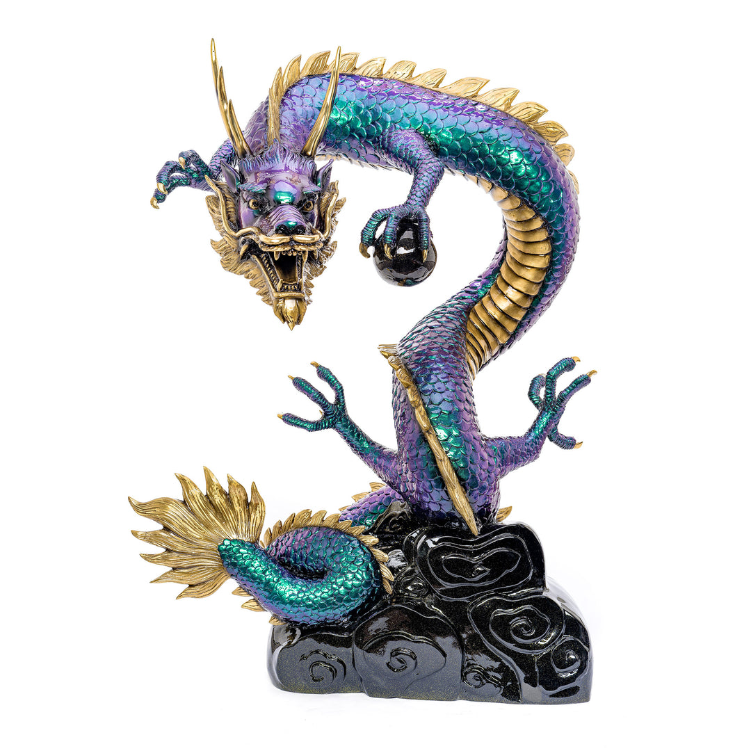All bronze dragon sculpture with iridescent scales and golden accents