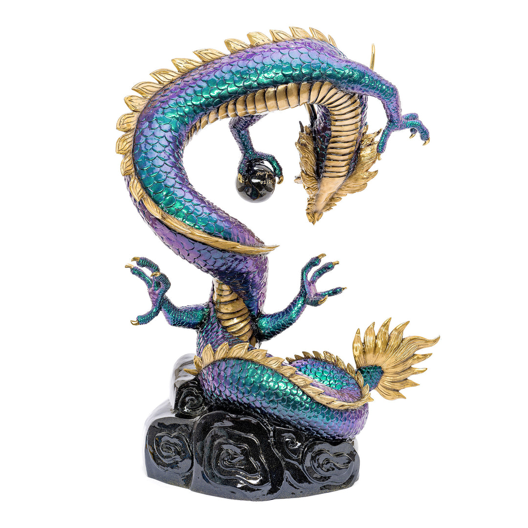Mythological dragon sculpture in bronze with a kaleidoscope of colors
