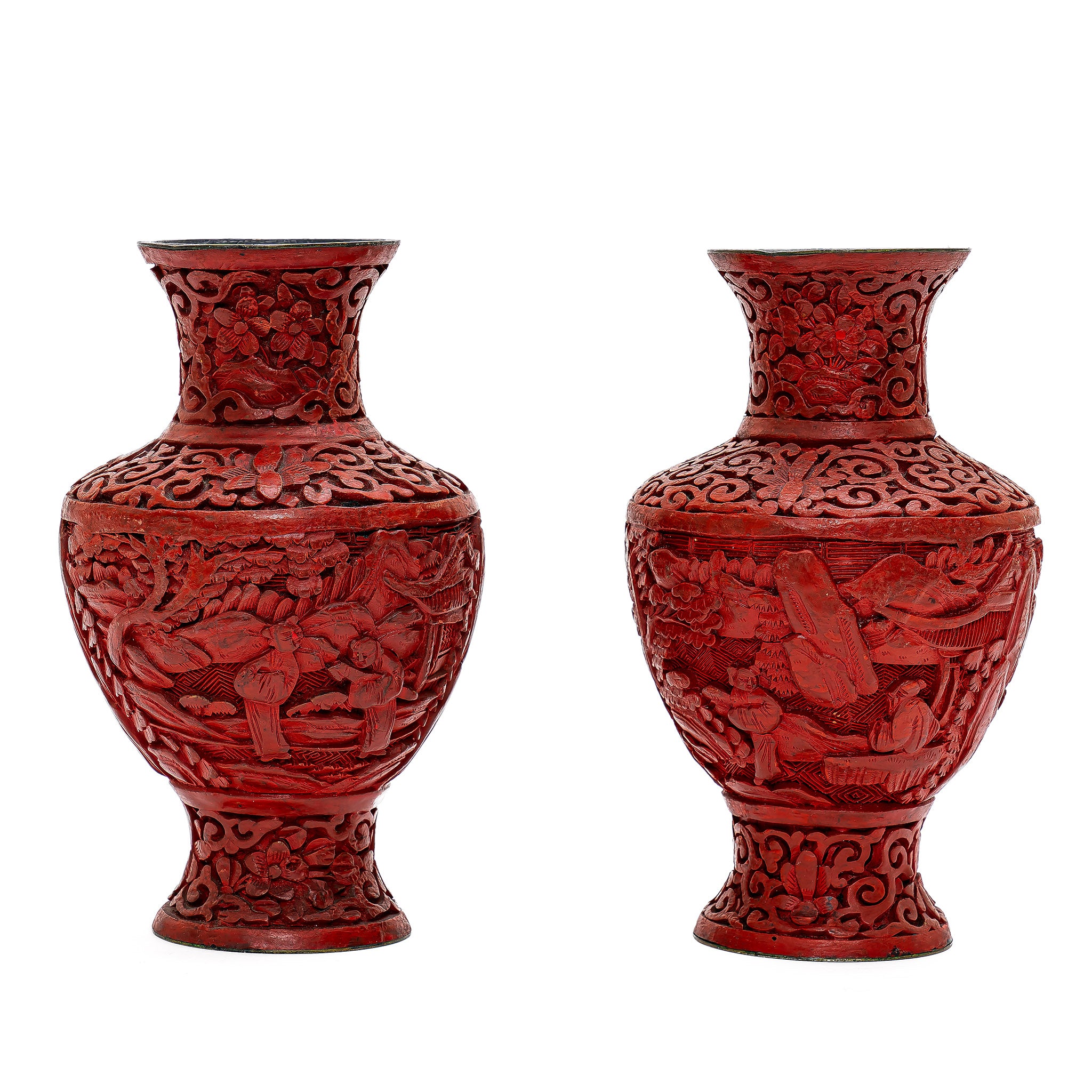 🏺 Antique Elegance! 19th Century Pair Cinnabar Vases Majestic Harmony