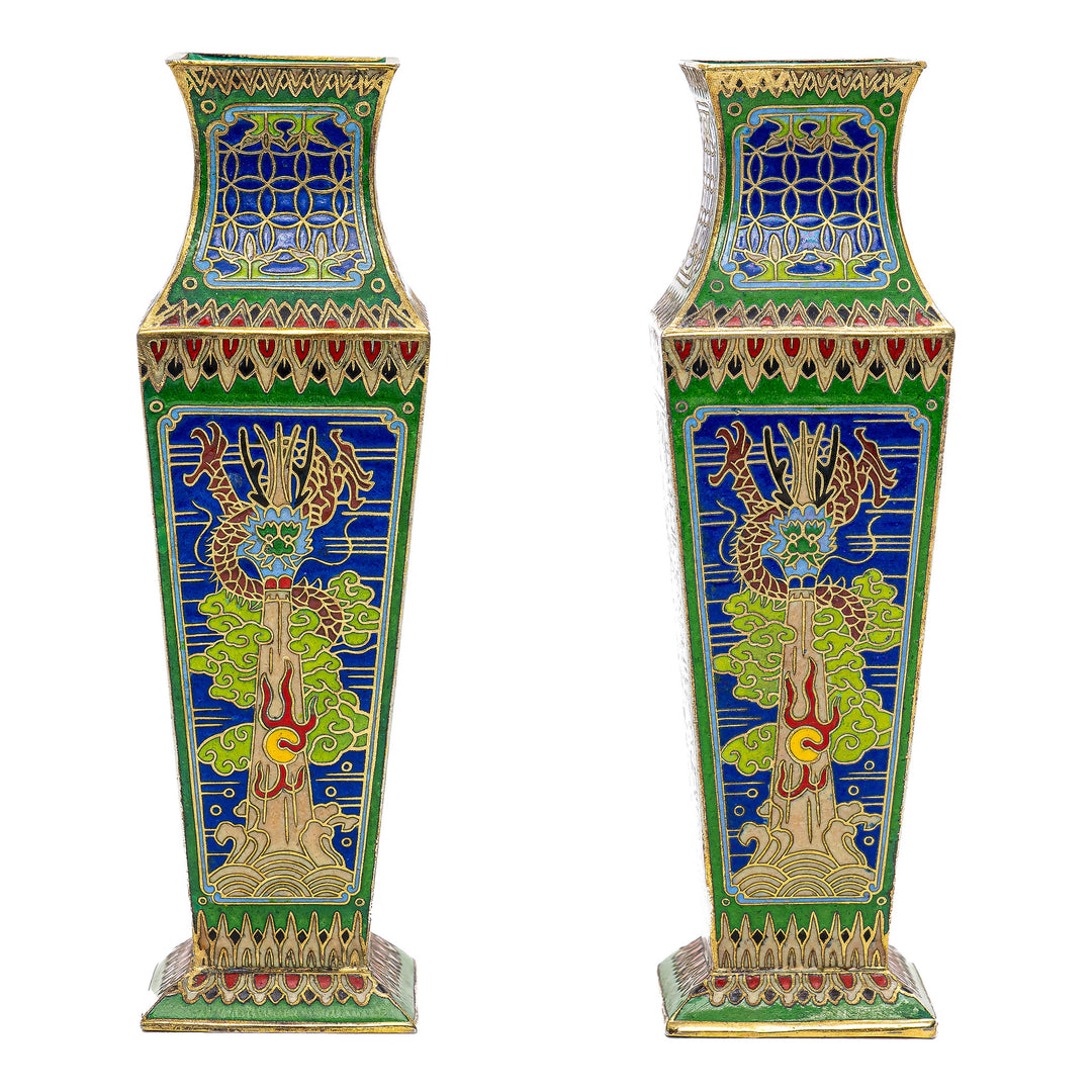 Vintage enamel brass vase with intricate tree design.