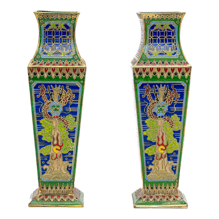Vintage enamel brass vase with intricate tree design.