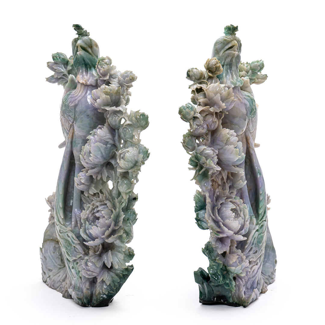 Green jade duo of phoenixes rising among blossoms.