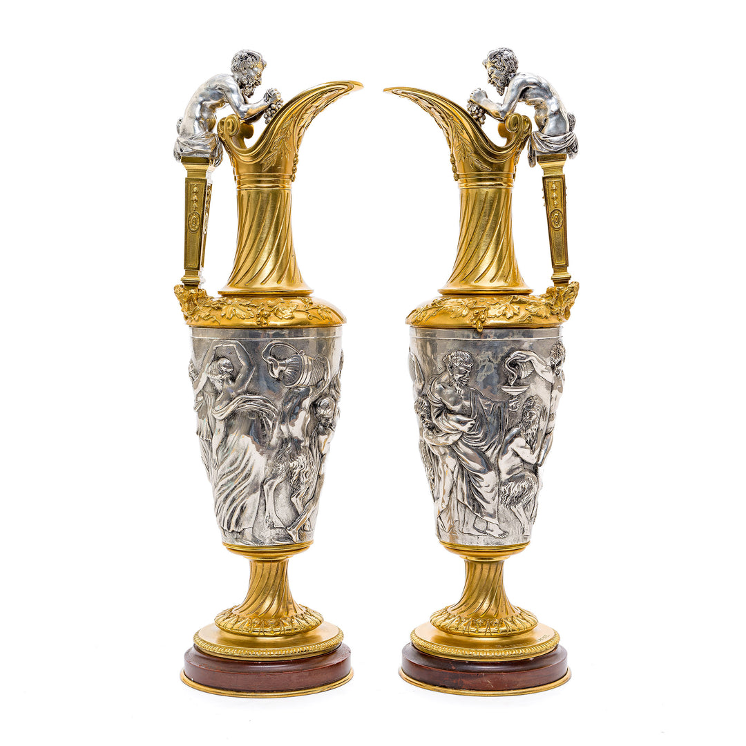 Exquisite circa 1880 gold and silver two-tone dore bronze ewers from France