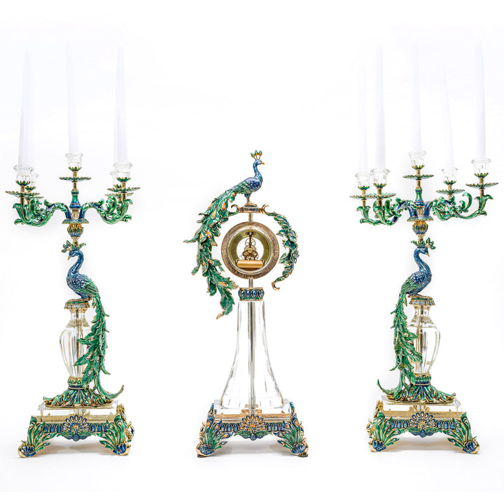 Elegant timepiece and illumination set with regal peacock design