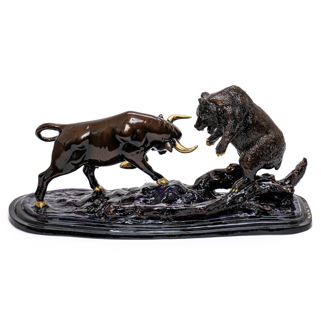 Bronze sculpture of Bull & Bear with Ferrari and Lamborghini patina.