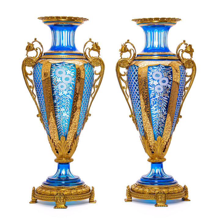 Pair Cobalt Crystal Large Vases