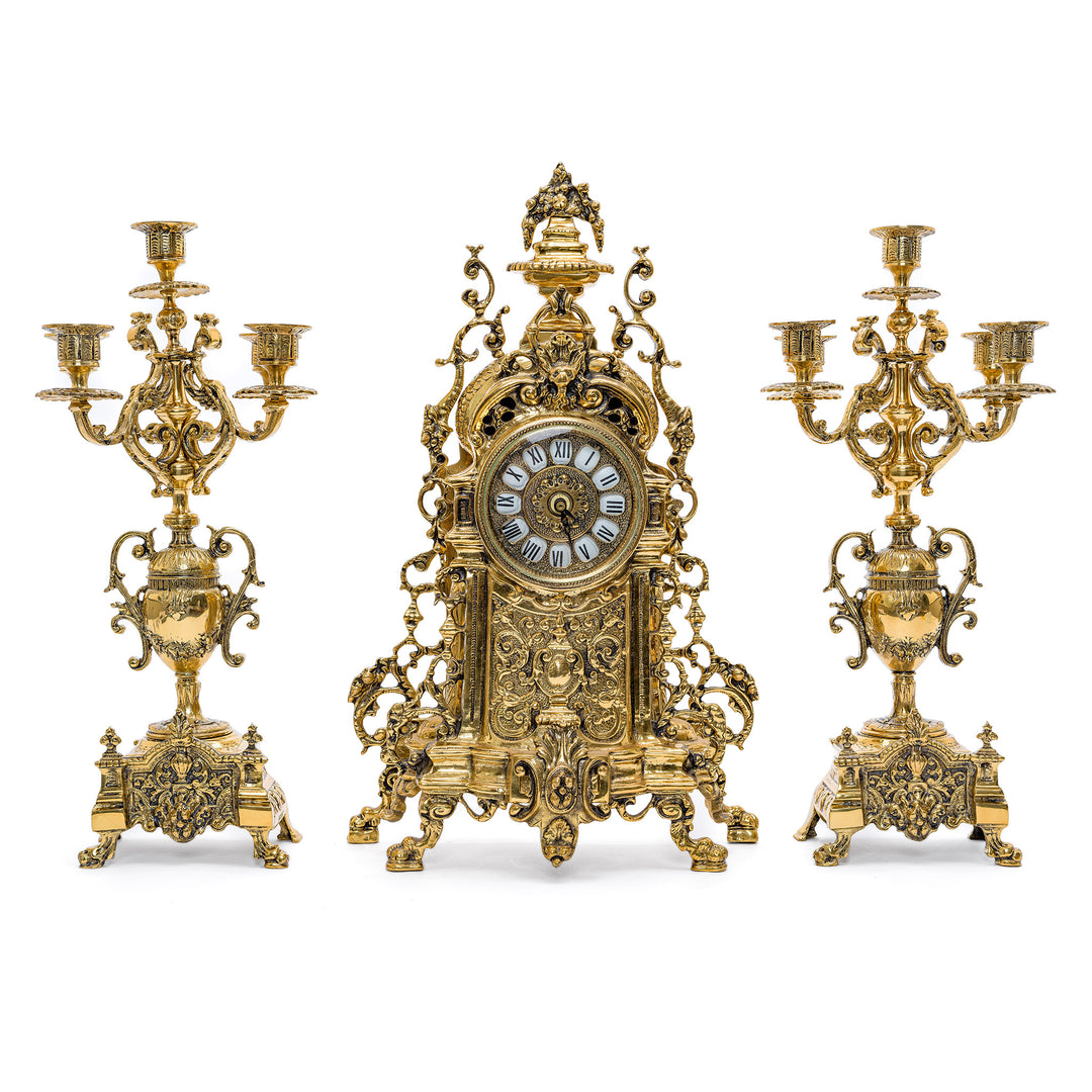 Exclusive 3-piece gilt bronze clock set from Regis Galerie, imported from Spain.
