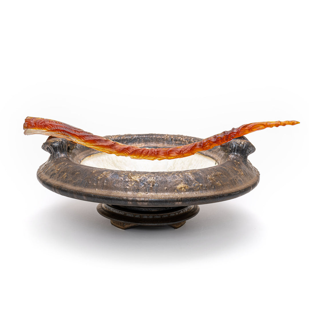 Bronze cornu vessel with amber glass rod by Debra Steidel
