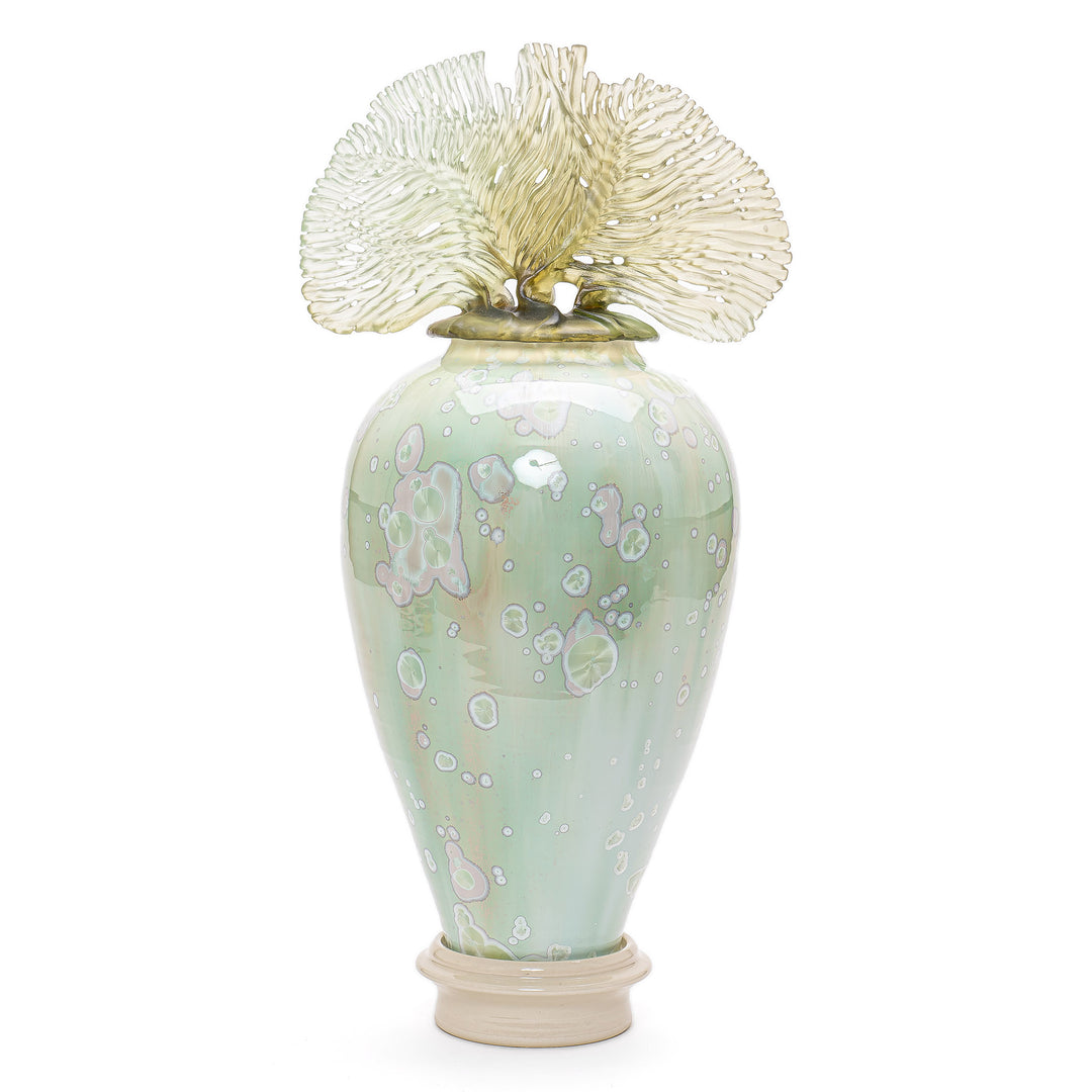 Light green porcelain vase with glass seashell finial by Debra Steidel