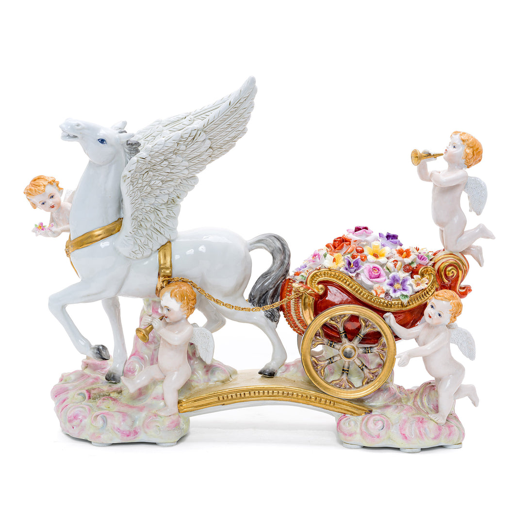 Handmade Porcelain Sculpture of Winged Horse and Cherubs