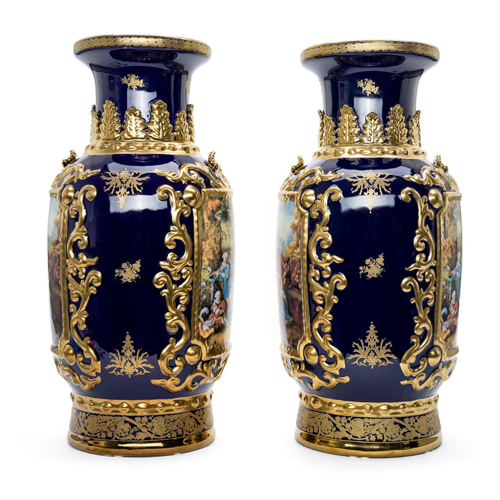 Luxurious Cobalt Blue Vases Featuring a Woman Reading, Adorned with Gold Work.