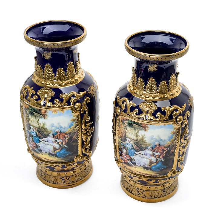 Elegant Handpainted Vases with Scenes of Pastoral Leisure in Gold and Cobalt.