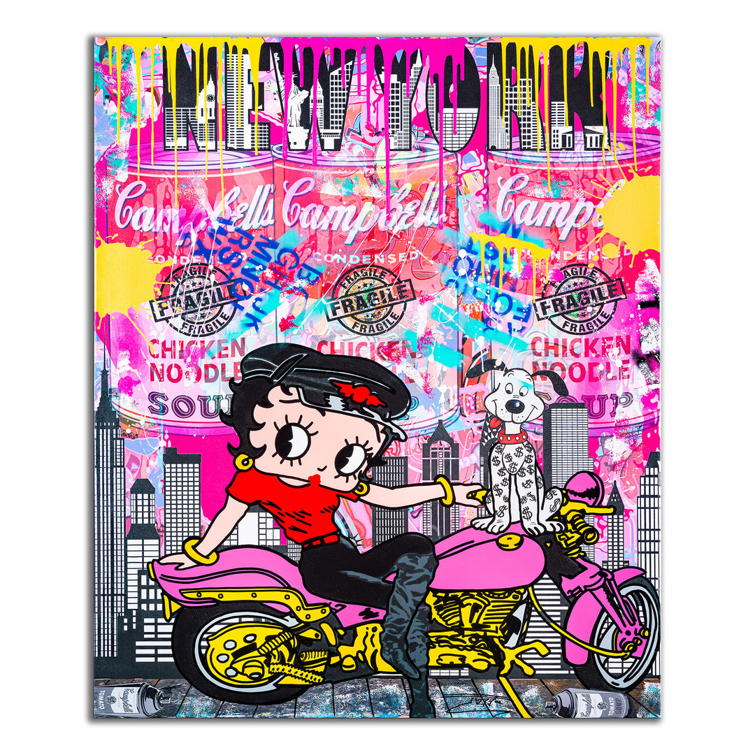 NY Biker Babe on pink motorcycle art with NYC skyline backdrop signed by JOZZA