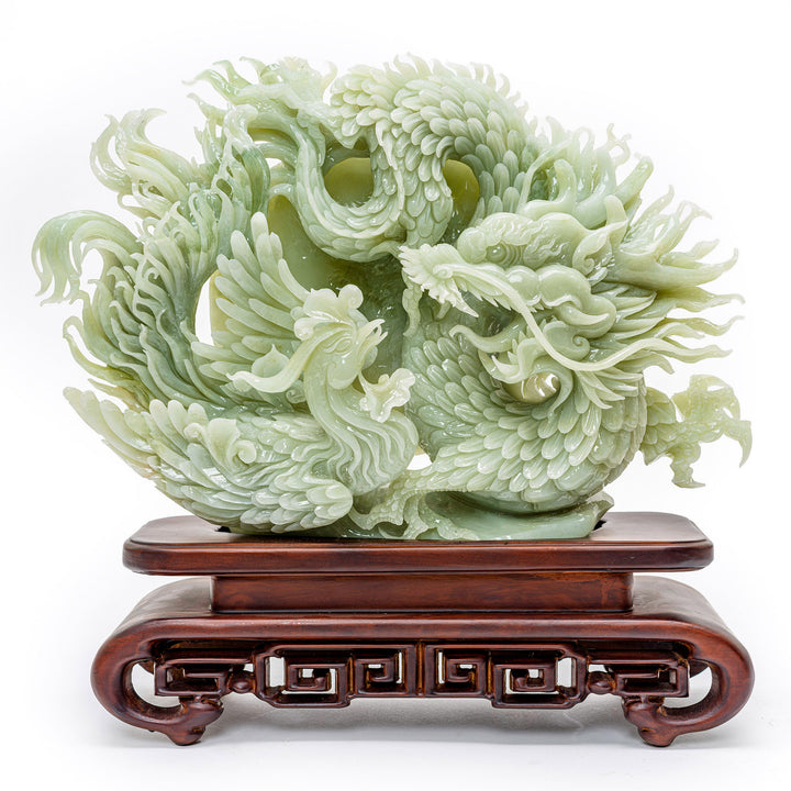 Handcrafted dragon and phoenix agate sculpture depicting balance.