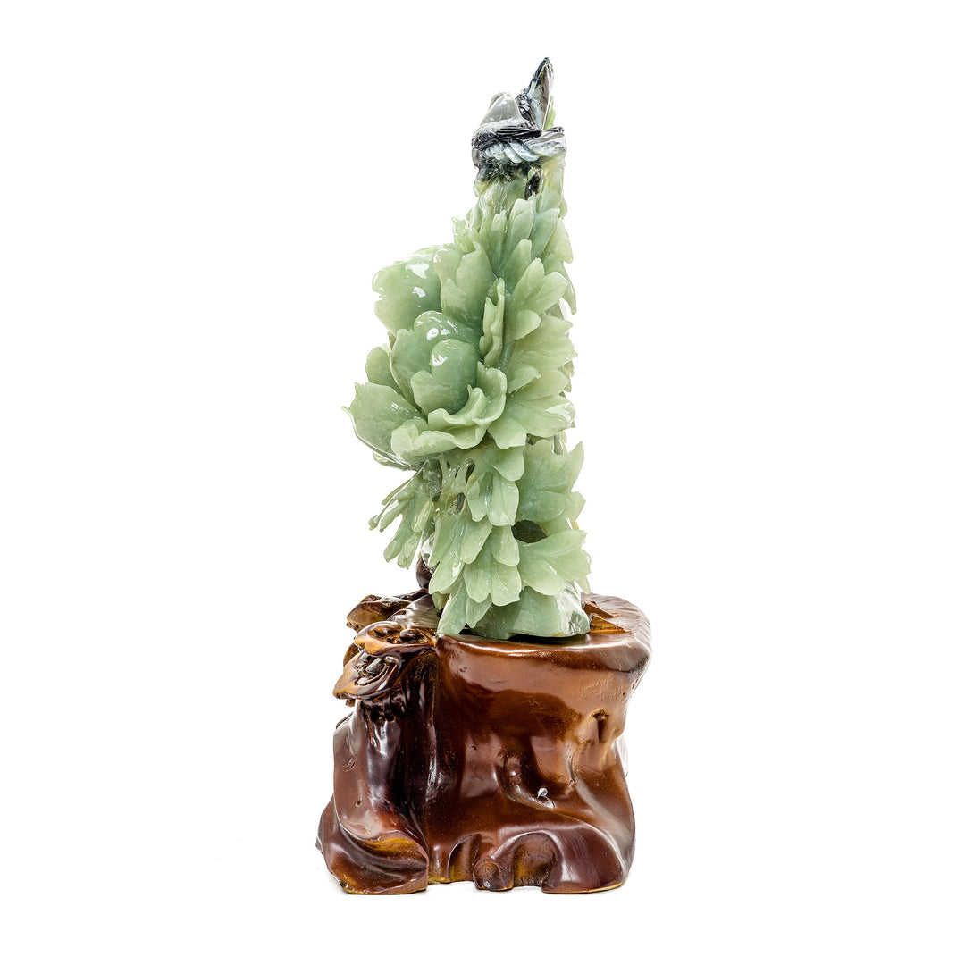 Artistic jade peony bloom and bird statue