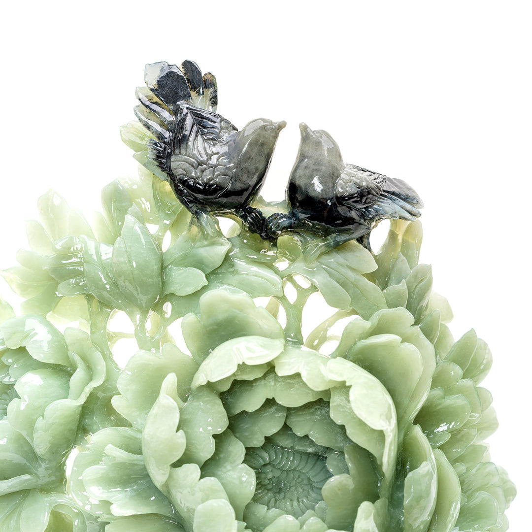 Serene green jade peony with birds ornament