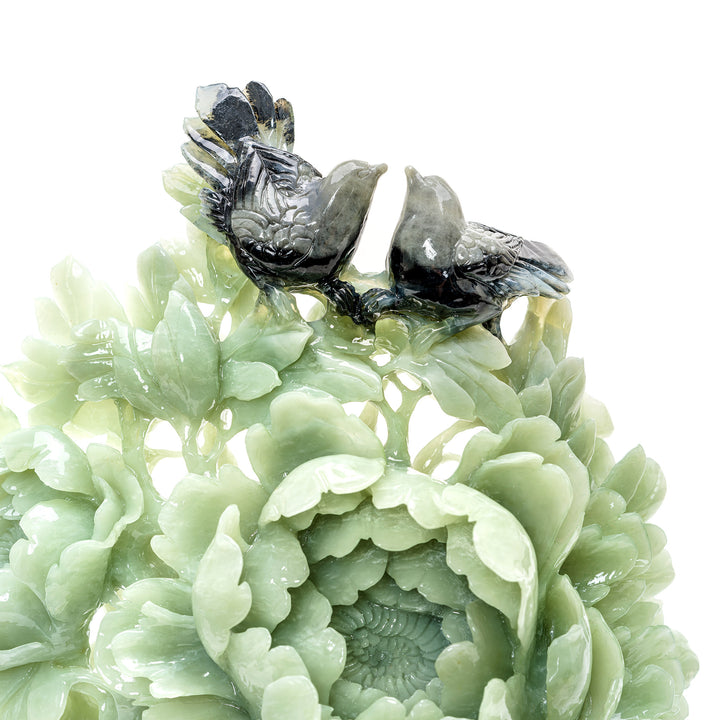 Serene green jade peony with birds ornament