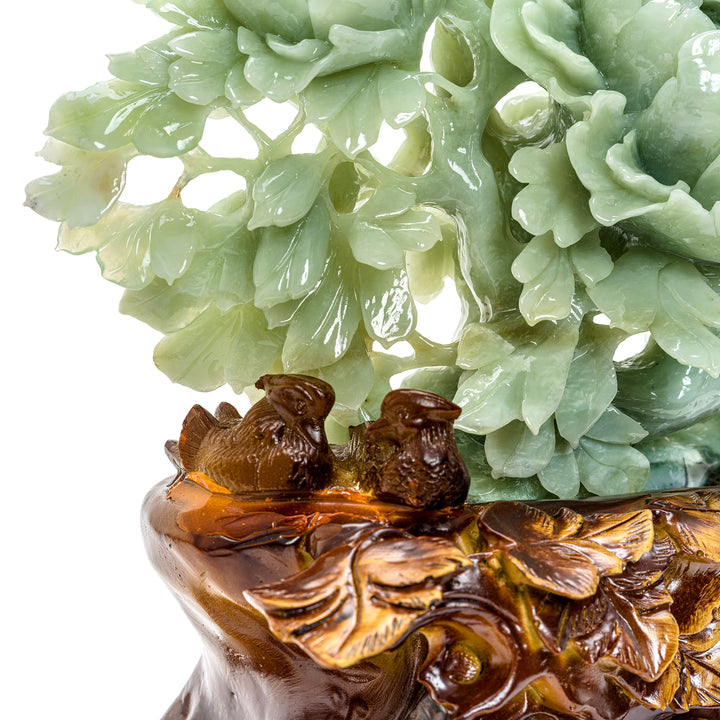 Elegant handcrafted jade peony with bird duo