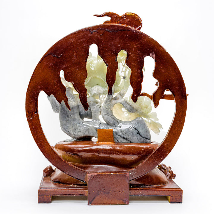 Handcrafted agate peonies and birds, an emblem of natural beauty.