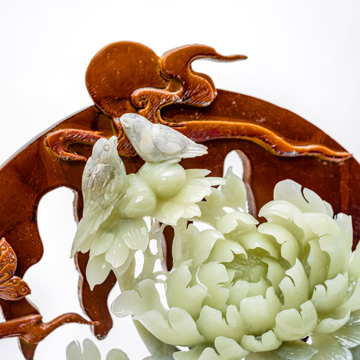 Agate and wood art piece featuring peonies in bloom with companion birds.