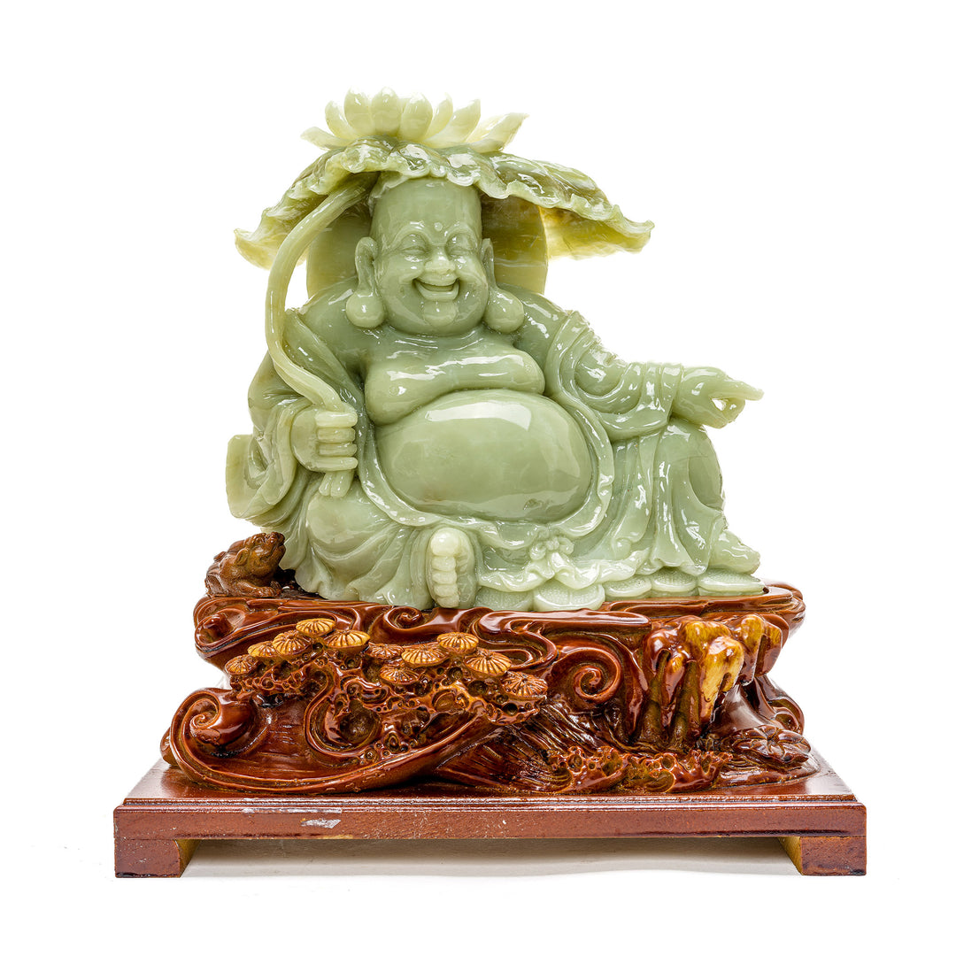 Hand-carved agate Buddha seated under a lotus