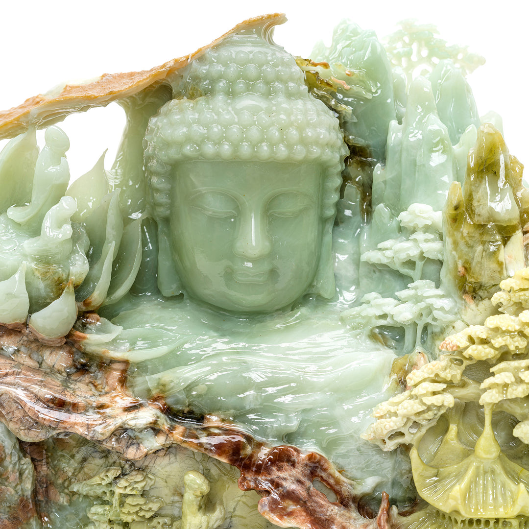Intricate agate mountain village under Kwan Yin's gaze