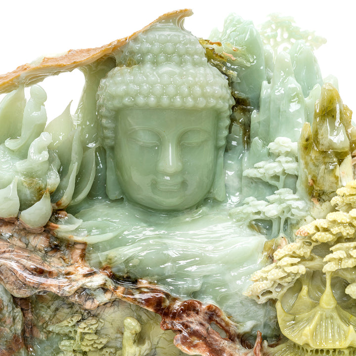 Intricate agate mountain village under Kwan Yin's gaze