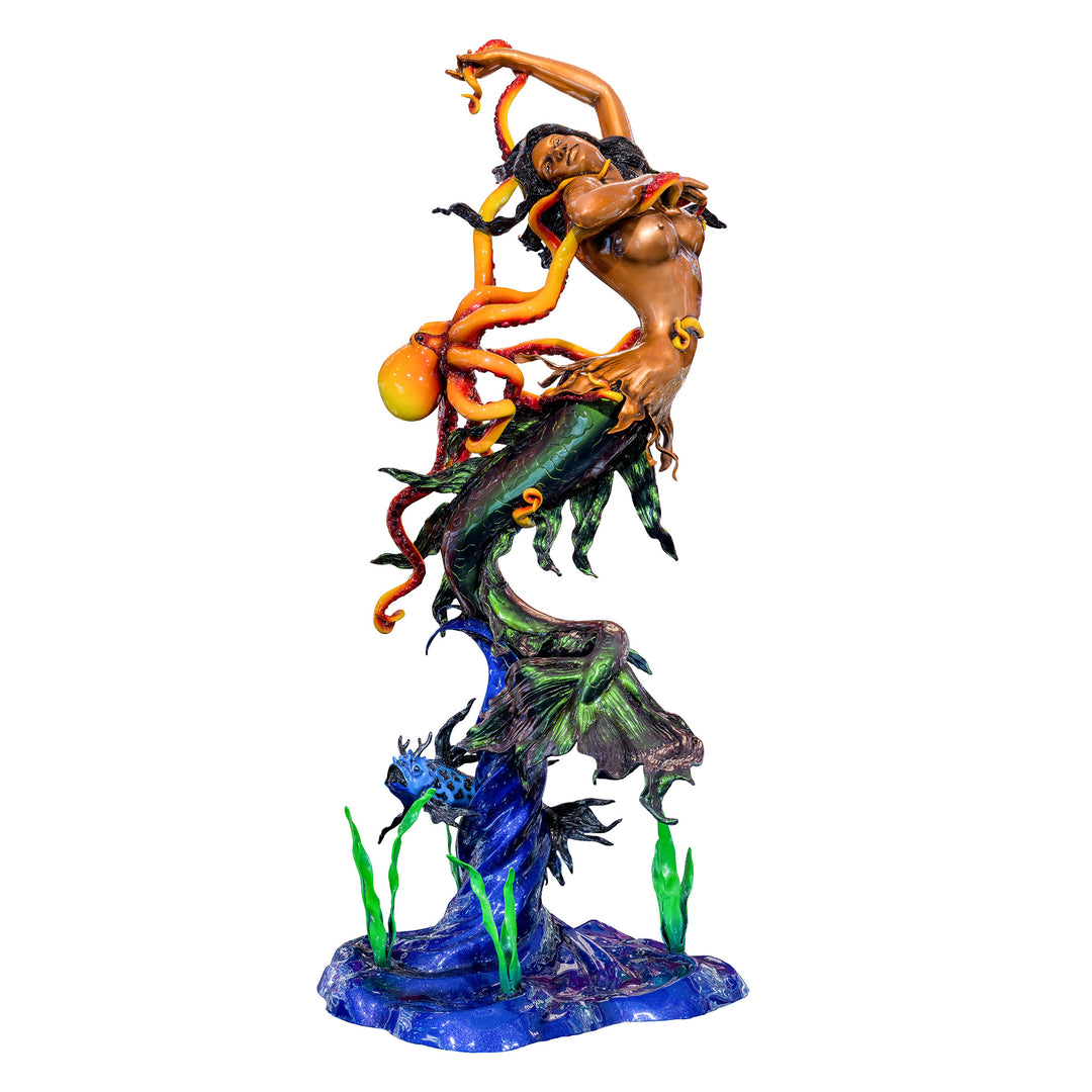 Bronze representation of a mermaid's underwater journey.