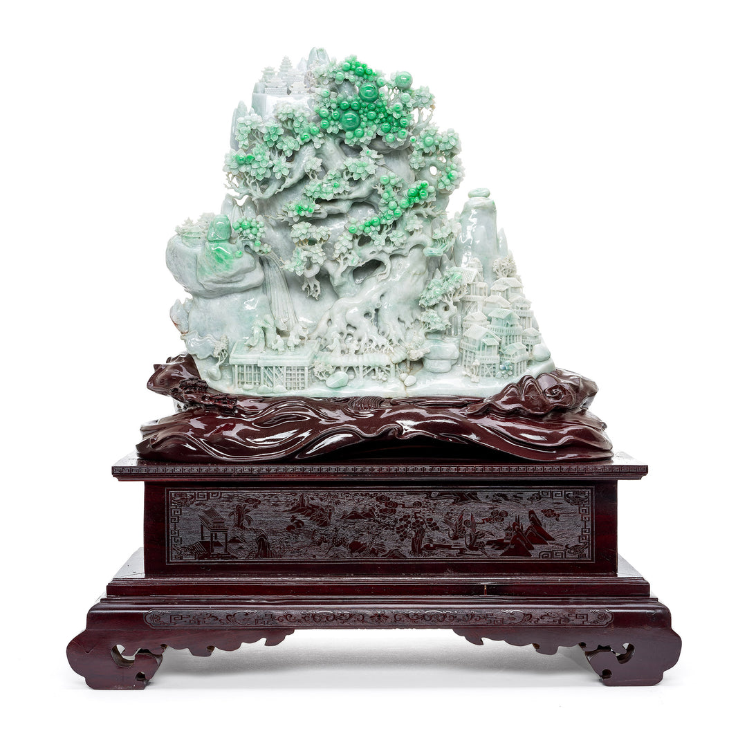 Natural Jadeite Jade Mountain Scene with Intricate Village and Pagoda Carvings.