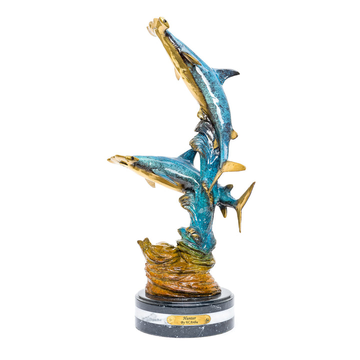 Exquisite bronze sculpture of two hammerhead sharks ascending in harmony