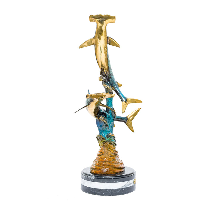 Elegant nautical centerpiece featuring bronze hammerhead sharks with custom patina