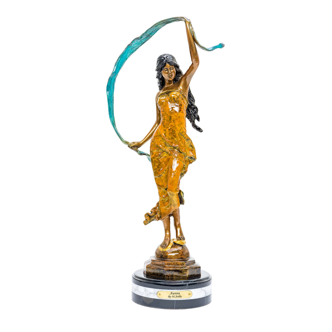Elegant bronze sculpture of a woman titled Aurora in mid-dance pose.