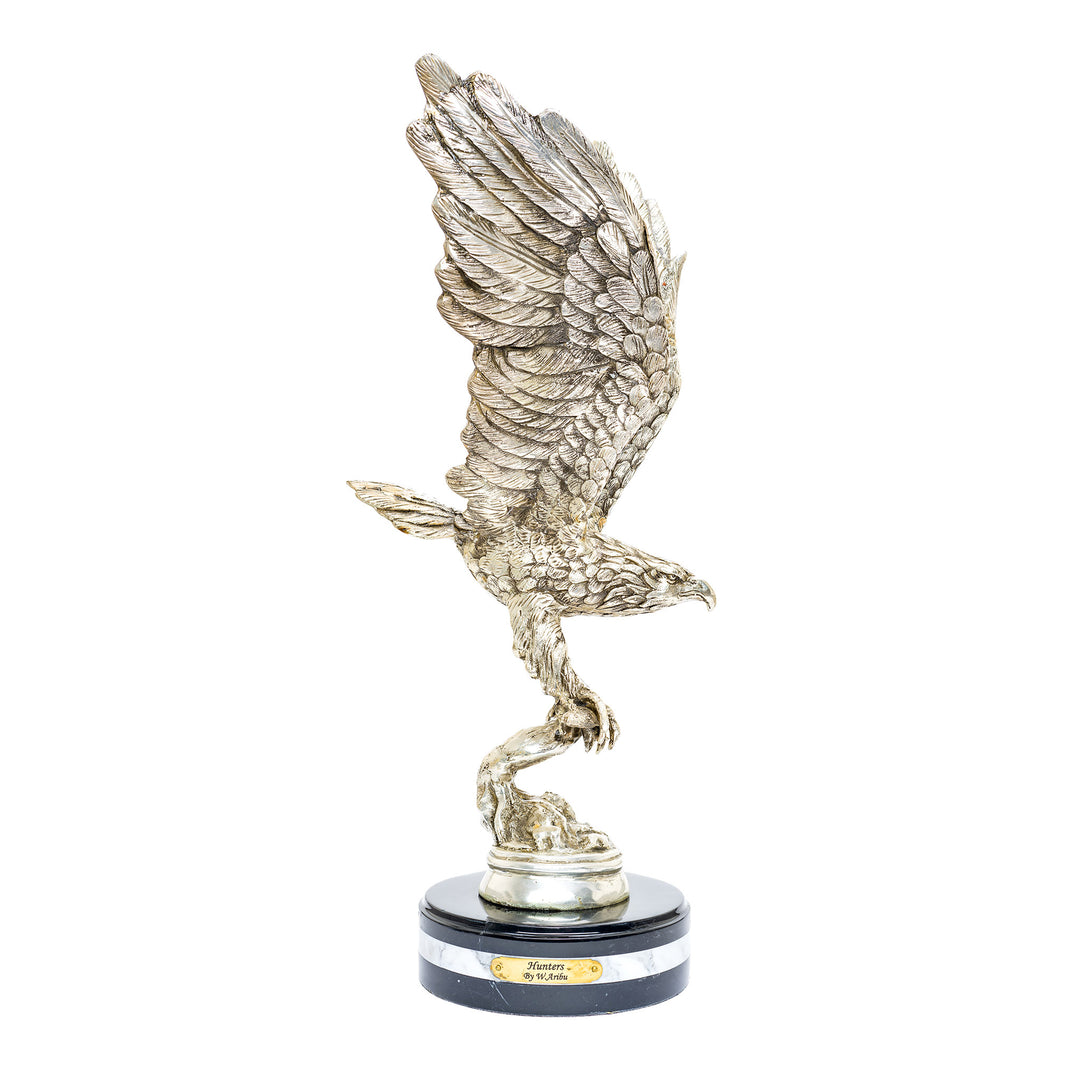 Bronze eagle sculpture with fish in silver finish