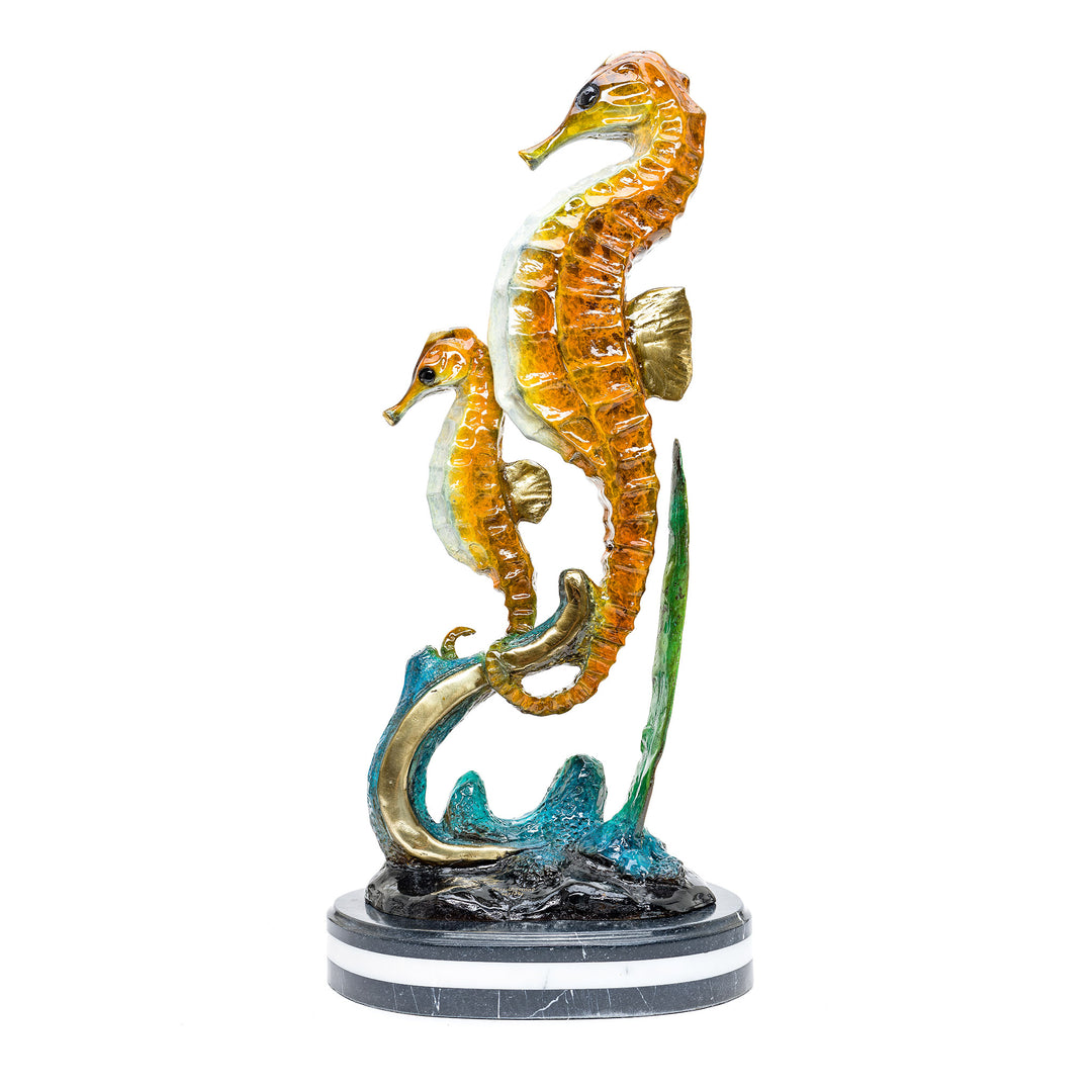Artistic rendition of seahorse family in bronze.