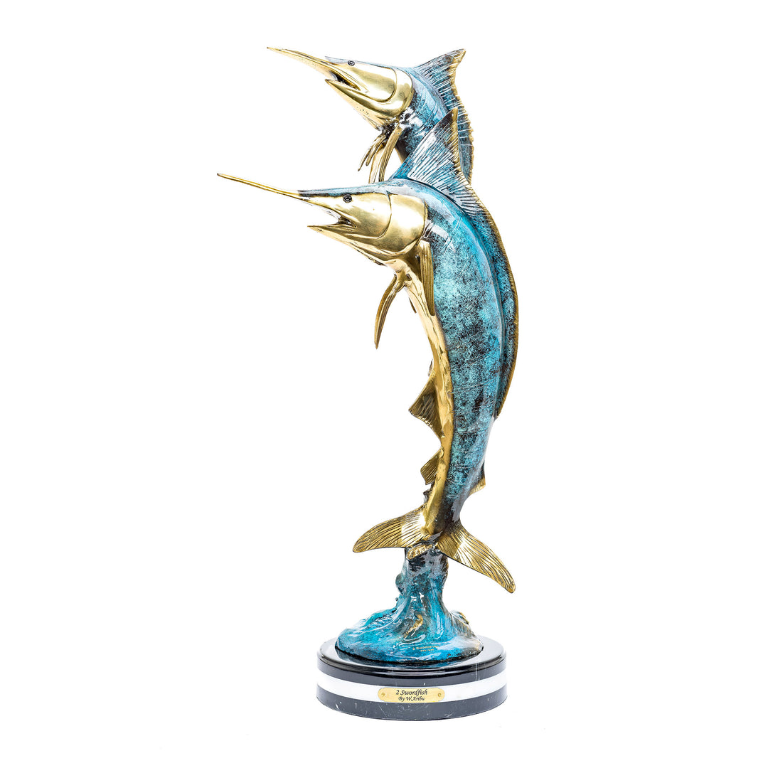 Dual bronze swordfish sculpture in ascent.