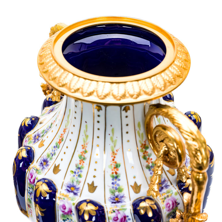 Regal white and cobalt vases with footed gold bases