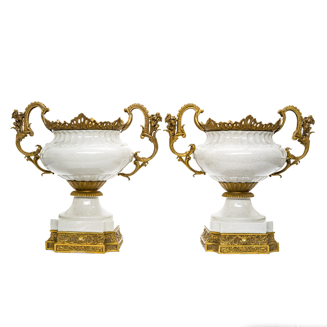 Pair of crackle porcelain planters with doré bronze accents