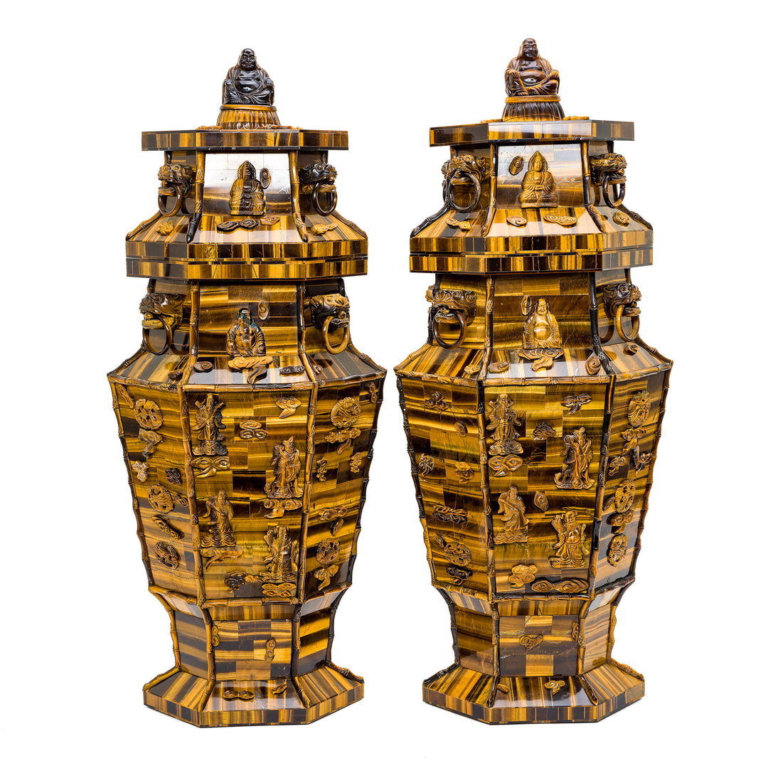 Pair of Tiger Eye vases with intricate carvings