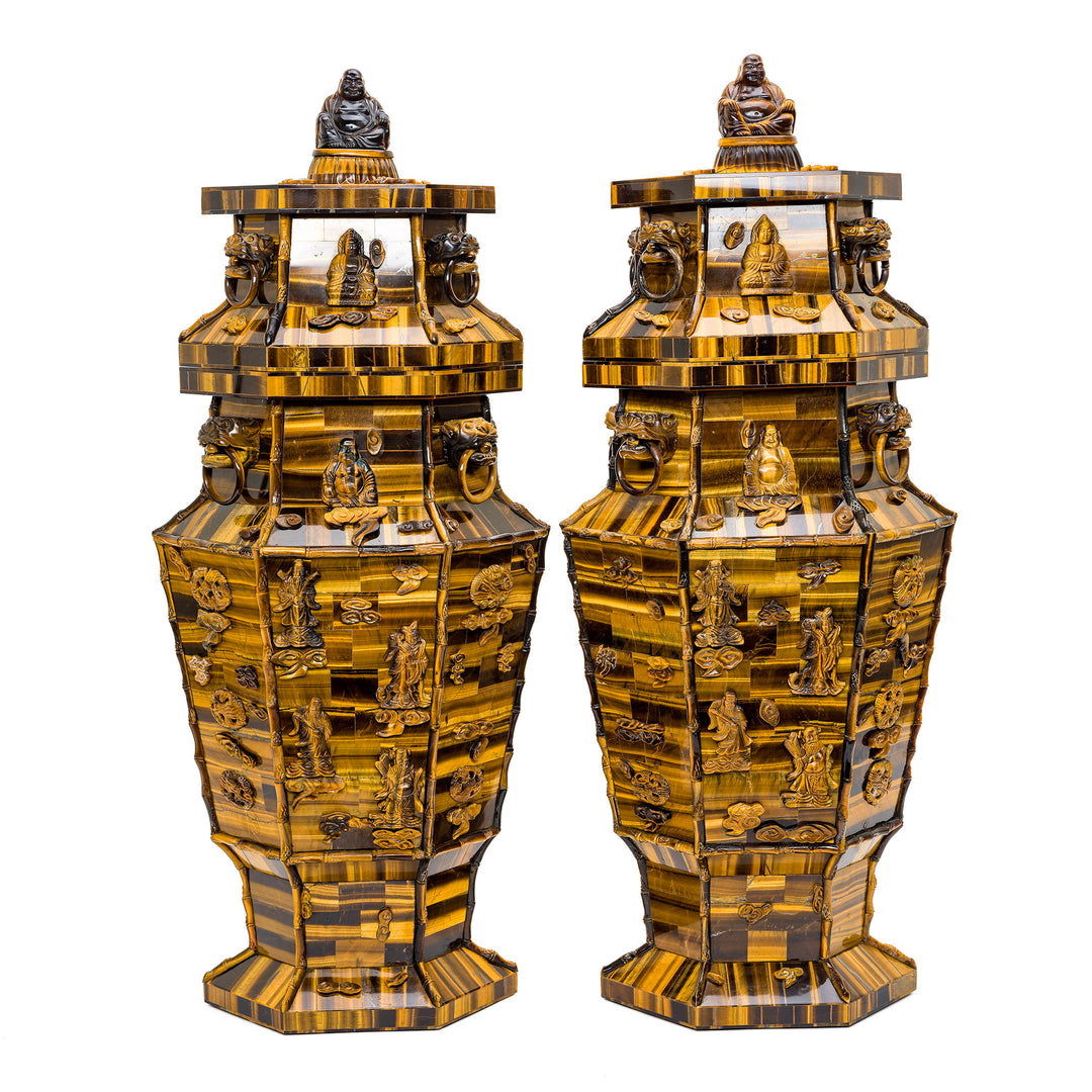 Pair of Tiger Eye vases with intricate carvings