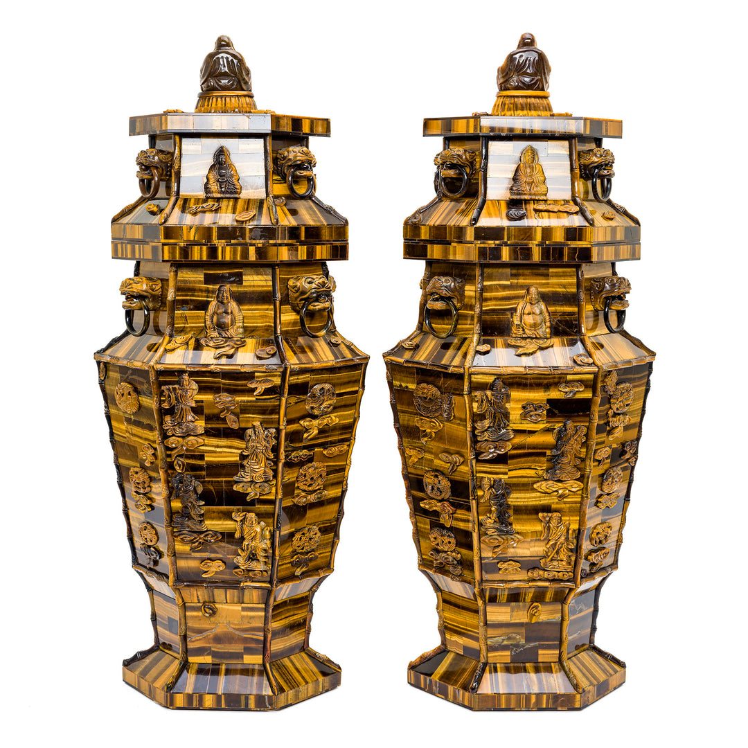 Detailed artistry on Tiger Eye vases